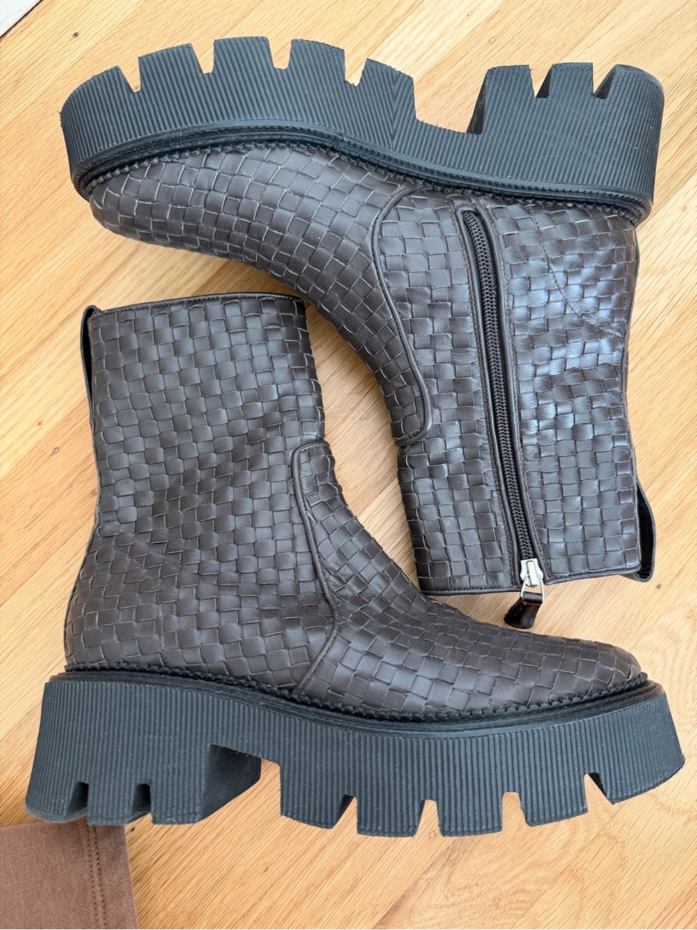 Freda Salvador Dark Brown Woven Leather Lug Sole Ankle Boots